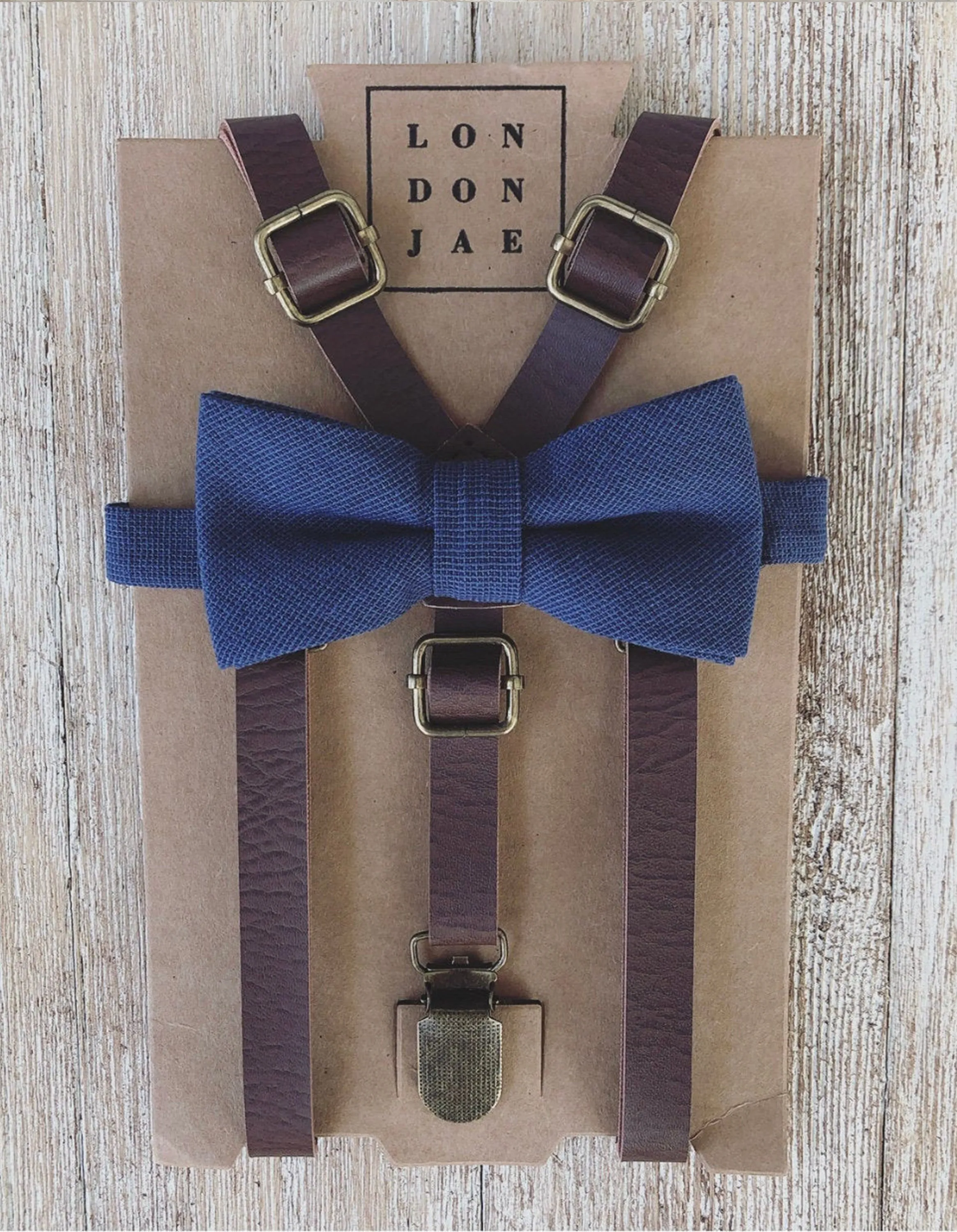 Weathered Coffee Skinny Suspenders with Navy Bow Tie