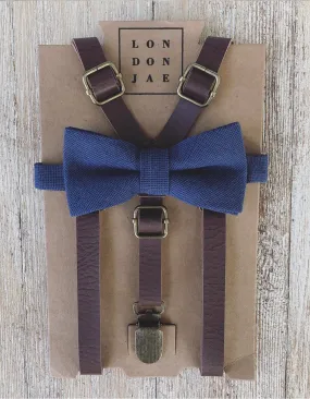 Weathered Coffee Skinny Suspenders with Navy Bow Tie